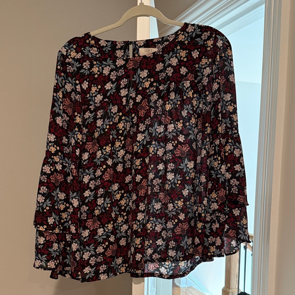 LOFT Black and Red Floral Blouse